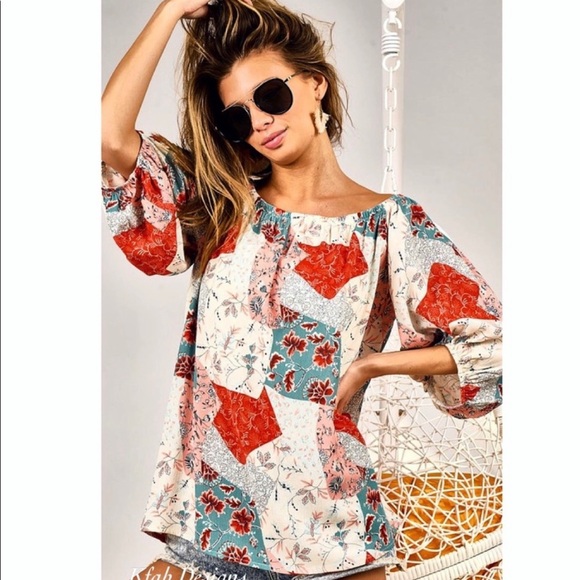 New!Clearance 🔥Boho Floral Patchwork Woven Off Shoulder Ballon Sleeve Soft Top - Picture 9 of 16